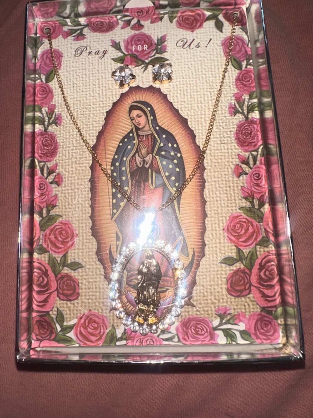 Our Lady of Guadalupe Gold Necklace & Stud Earrings Set